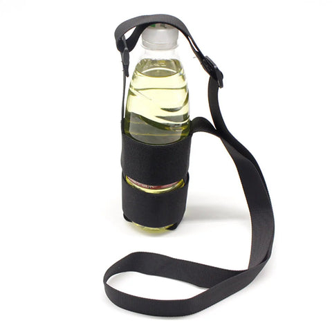 Water bottle in black strap holder with adjustable shoulder strap