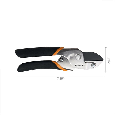 Power-Lever Anvil Pruner, 5/8-Inch Cut Capacity, heavy-duty branch cutter with black handles, side view with dimensions.