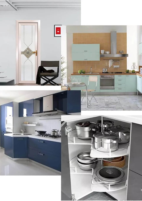 Modern kitchen with blue cabinets and a corner cabinet showcasing pots, highlighting 170 Degree Frameless Cabinet Door Hinges With Hidden Hydraulic Buffer Adjustable Mounting Soft Close Stainless Steel Damping For Wardrobe 2 Pairs Full Coverage Fit.