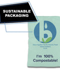 Gravity-Fed Drip Irrigation Kit With Inline Emitters packaging, eco-friendly bag labeled 'Sustainable Packaging' and '100% Compostable'