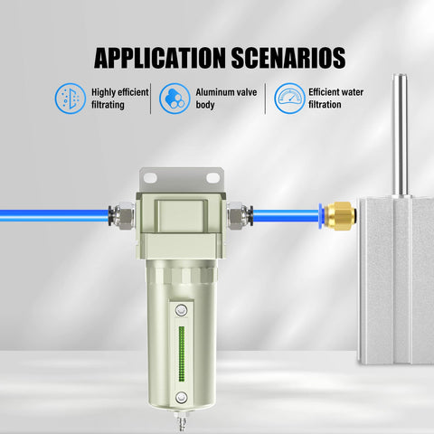 Two Port One Half Inch NPT Aluminum Air Compressor Moisture Filter With Five Micron Cartridge Desiccant Dryer For Dry Air Pro Grade Heavy Duty System For Compressed Air Plasma Cutters And Paint Sprayers Manual Drain in application scenario.