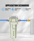 Slick 3/4 Inch NPT Aluminum Air Compressor Moisture Filter With Desiccant Drying System And 5 Micron Cartridge showing efficient filtration details.