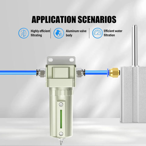 Slick 3/4 Inch NPT Aluminum Air Compressor Moisture Filter With Desiccant Drying System And 5 Micron Cartridge showing efficient filtration details.