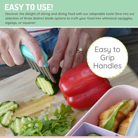 Front view of Melii stainless steel crinkle cutters with teal handle; slicing cucumber on a cutting board (3-pack).