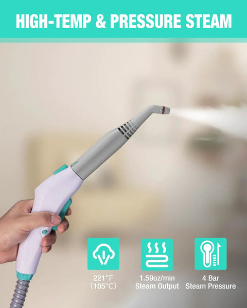 Heavy Duty 1500W Steam Cleaner With 4 Bar Pressure And 1.5L Tank Plus 16 Accessories hand-held steam nozzle releasing high-temp steam.