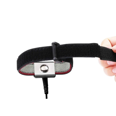Close-up of Anti Static Wrist Strap Eleven Inch Grounding Bracelet showing adjustable strap and alligator clip.