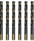 Heavy Duty Setup 6 Piece One Half Inch Black Gold High Speed Twist Drill Bit Set, six HSS drill bits with split points.