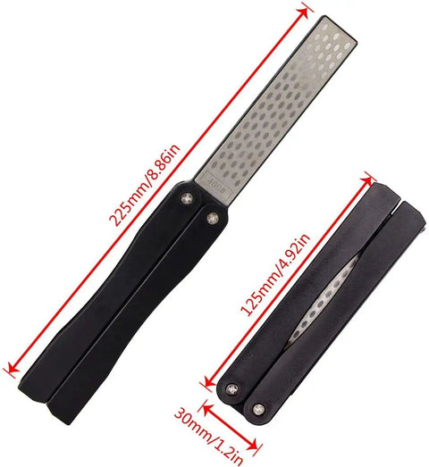 2 Pcs Portable Double Sided Diamond Knife Sharpening Stone 400 And 600 Grit Pocket Whetstone with folded handle, dimensions shown