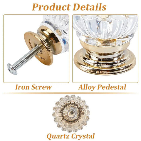 Upgraded Acrylic Crystal Cabinet Knobs And Drawer Pulls Featuring Slick Golden Diamond Cut Single Hole Furniture Hardware Kit Includes Heavy Duty Mounting Screws For Your Next Room Glow Up. Quartz crystal knob with alloy pedestal and iron screw.