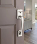 Front Door Entry Handleset With Reversible Interior Lever, Non Locking Satin Nickel Finish, Microban Protection, on interior view of door