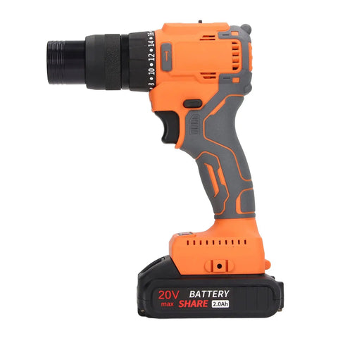Rivet Nut Kit Lithium Brushless Cordless Hand Tool For Fast Installations One Hand Operation And Smooth Auto Feed Pro Grade For Metalworking Cabinets Furniture And DIY Projects, orange drill side view, 20V battery