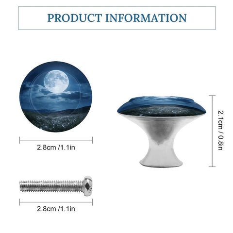 Moon Night Cabinet Knobs 1.1 Inch Stainless Steel Drawer Handles with moon design and screw measurements shown