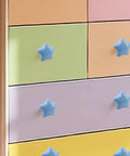 Set Of Six Star Shaped Ceramic Cabinet Knobs With Glossy Finish For Kitchen Drawers And Dressers, blue knobs on colorful dresser.