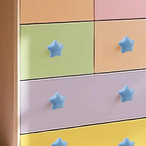 Set Of Six Star Shaped Ceramic Cabinet Knobs With Glossy Finish For Kitchen Drawers And Dressers, blue knobs on colorful dresser.