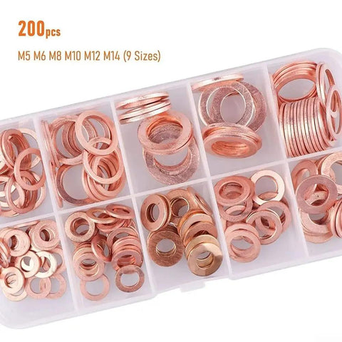 Heavy Duty 200 Piece Red Copper Flat Washer Assortment Kit Metric Sizes M5 To M14 For Ultimate Leak Proof Sealing On Your Cars And Engines Plus Hydraulic Systems Banjo Oil Pan Drain Plugs And Fittings Stay Sealed Like A Boss Even Under Stress. 200 pcs copper flat washers in storage box, M5-M14