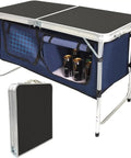 Aluminum Folding Camp Table With Built In Storage Compartment, Lightweight Height Adjustable Outdoor Kitchen Table For Tailgating, Backyards, BBQ, And Picnics, Black, showing storage locker with beverages.