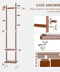 Freestanding Walnut Wood Coat Rack With Wheels, parts view with 5 hooks, 2 shelves, and easy assembly guide