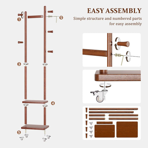 Freestanding Walnut Wood Coat Rack With Wheels, parts view with 5 hooks, 2 shelves, and easy assembly guide