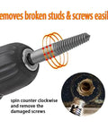 Close-up of Six Piece Screw Extractor Kit With Easy Out Bolt Extractors And Left Hand Drill Bits in use removing a stripped screw.