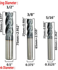 Carbide square end mill set, 6 pcs, AlTiN-coated; silver finish. Front view shows 1/2 in, 3/8 in, and 5/16 in cutters.