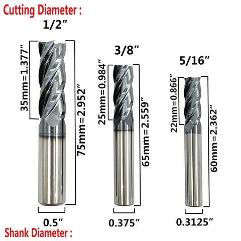 Carbide square end mill set, 6 pcs, AlTiN-coated; silver finish. Front view shows 1/2 in, 3/8 in, and 5/16 in cutters.
