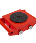 XCFDP Heavy Duty Machinery Skates 6 Ton Moving Dollies With 360 Degree Rotation Swivel Casters For Factory Equipment Transport And Industrial Load Bearing Capacity Non Slip Steel Platform close-up showing the red steel dolly with rubber base.
