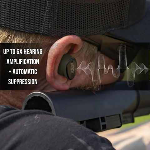 Caliber BT Wireless Shooting Ear Protection For Gun Range With Bluetooth Hearing Protection And Electronic Noise Reduction 25 dB NRR Lightweight Ear Buds For Shooters On The Go shown in use at gun range