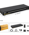 Badass 16 Port HDMI KVM Switch Running No Sweat 4k 60Hz Video On Single Monitor Setups, showing dimensions and included accessories.