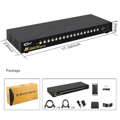 Badass 16 Port HDMI KVM Switch Running No Sweat 4k 60Hz Video On Single Monitor Setups, showing dimensions and included accessories.