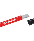 Handheld Garden Tool Sharpener with Tungsten Carbide Blade shown with red handle and black cap removed, ready for use.