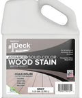 All In One Deck Stain And Sealer With UV Protection In A Solid Gray Finish For Wood Decks Fences And Siding, Water Based Formula, Opaque Coverage That Hides Grain And Guards Against Fading Mildew And Peeling, 1 Gallon Made In USA bottle.