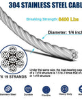 100 Ft Quarter Inch Stainless Steel Wire Rope Kit With Two Five Sixteenths Turnbuckles Clamps And Thimbles 7x19 Aircraft Cable For Zipline And Deck Railing 6400 Lb Break Strength Ideal For DIY Outdoor Installations showing cross-section detail