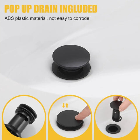 Matte Black Waterfall Bathroom Faucet With Pop Up Drain, Vanity Sink Faucet For One Hole Or Three Hole Install shown with drain