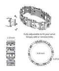 Dope 29 In 1 Multitool Bracelet For Men And Women Stainless Steel showing adjustable links and measurements, 9.45 inch round.