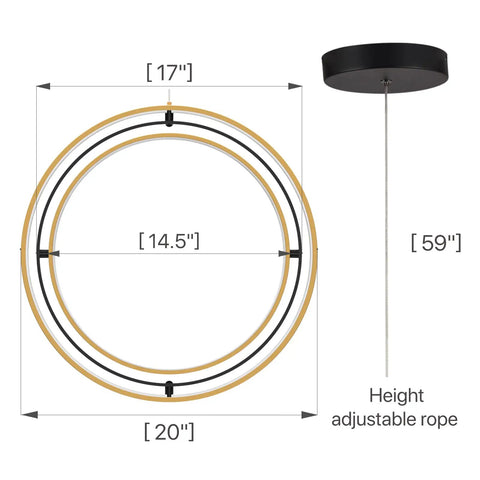 Diagram of LED Pendant Light Fixture With Black And Gold Rings, Modern Chandelier showing dimensions and adjustable ceiling light.