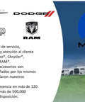 Logos of Alfa Romeo, Chrysler, Dodge, Fiat, Jeep, RAM, and Mopar with a background of cars and a grassy field.