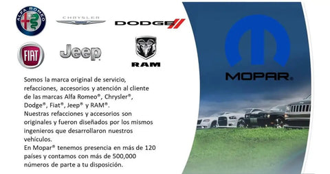 Logos of Alfa Romeo, Chrysler, Dodge, Fiat, Jeep, RAM, and Mopar with a background of cars and a grassy field.