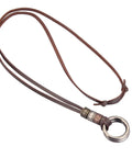 Top Shelf Handcrafted Leather Necklace For Men And Women Boasting A Fly Vintage Hippie Design With Adjustable Long Cord And Smooth Durable Alloy Cross Pendant In Classic Brown with circular alloy pendant.