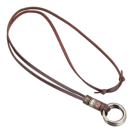 Top Shelf Handcrafted Leather Necklace For Men And Women Boasting A Fly Vintage Hippie Design With Adjustable Long Cord And Smooth Durable Alloy Cross Pendant In Classic Brown with circular alloy pendant.