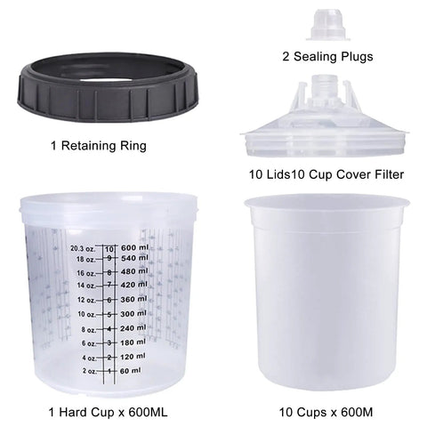 Paint Sprayer Kit With Quick Mixing Cup, HVLP Spray Gun set showing 600ml cups, cup cover filter, retaining ring, sealing plugs