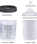 Components of Pro Grade Paint Sprayer Kit With Quick Mixing Cup And HVLP Gun, showing 600ml cups, lids, and sealing plugs.