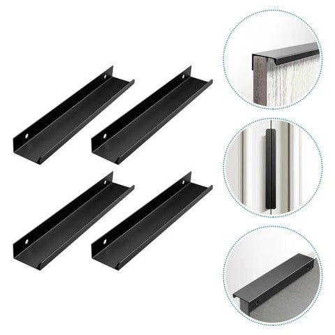 4 Pack Matte Black Hidden Pull Handles 80mm For Cabinets Drawers Wardrobes Cupboards Modern Kitchen And Closet Hardware Accessories Durable Easy Install Sleek Hidden Pulls No Drama For Quick Upgrades shown installed on wood and metal surfaces