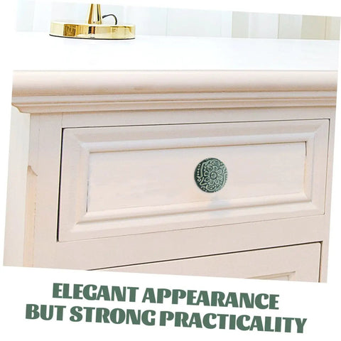 Close-up of Set Of 10 Ceramic Drawer Pulls And Kitchen Cupboard Knobs With Vintage Pattern Single Hole Cabinet Door Handles In Celadon Blue