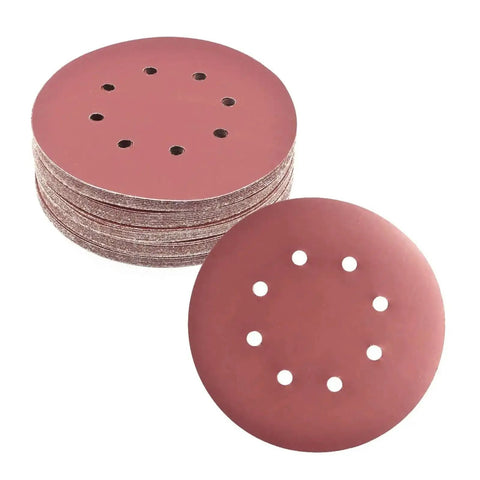 Super Smooth Results With 200 Pcs Of 5 Inch Sanding Discs Featuring Hook Loop Backing And Dust Vent Holes For Orbital Sanders In 40 To 180 Grit Sizes Ready For Any DIY Project Today, showing multiple sanding discs with dust holes.