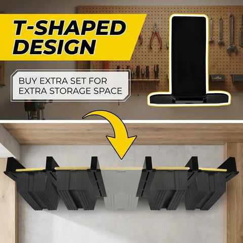 Overhead Garage Storage Rack System With Five Rails Set showing connectable metal ceiling racks installed to free up floor space.