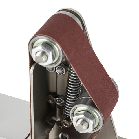 Close-up of Mini Belt Sander Grinder with sanding belt and adjustable roller for precise shaping metal and wood.