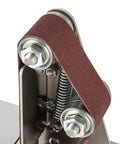 Close-up of Mini Bench Belt Sander Featuring Slick Adjustable Speed Controls Built Tough As Nails From Stainless Steel.