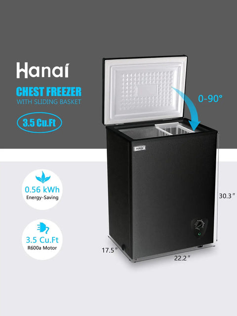Keep Your Cool With This Badass 3.5 Cubic Foot Chest Freezer Featuring Seven Chill Zones And A Sleek Black Shell, shown open with sliding basket.