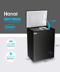 Compact 3.5 Cubic Foot Chest Freezer With Adjustable Thermostat, Super Sleek Mini Deep Freezer For Dorm Room Garage Or Apartment, Keep Your Food Straight Up Frozen With Zero Hassle Ever, displaying dimensions and sliding basket.