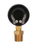 Measureman 2-inch well pump pressure gauge, black circular housing with brass 1/4 in NPT male thread and 1/2 in adaptor